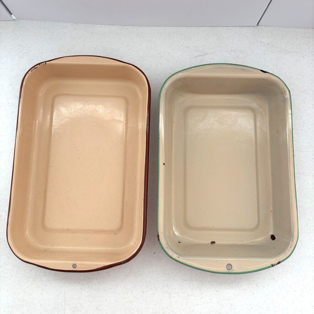 Vintage Enamel Ware Rectangle Baking Pans Country Rustic Farmhouse Primitive